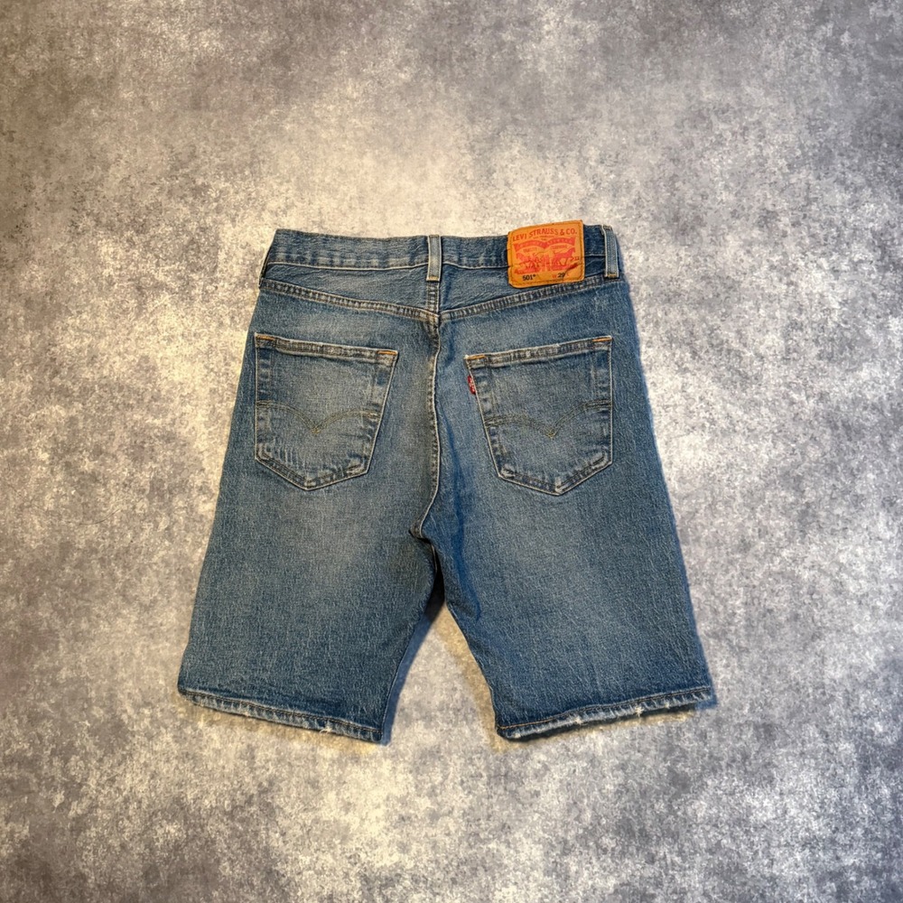 Levis 501 Mens Button Fly Denim Shorts Blue Distressed Cut Off Size 29